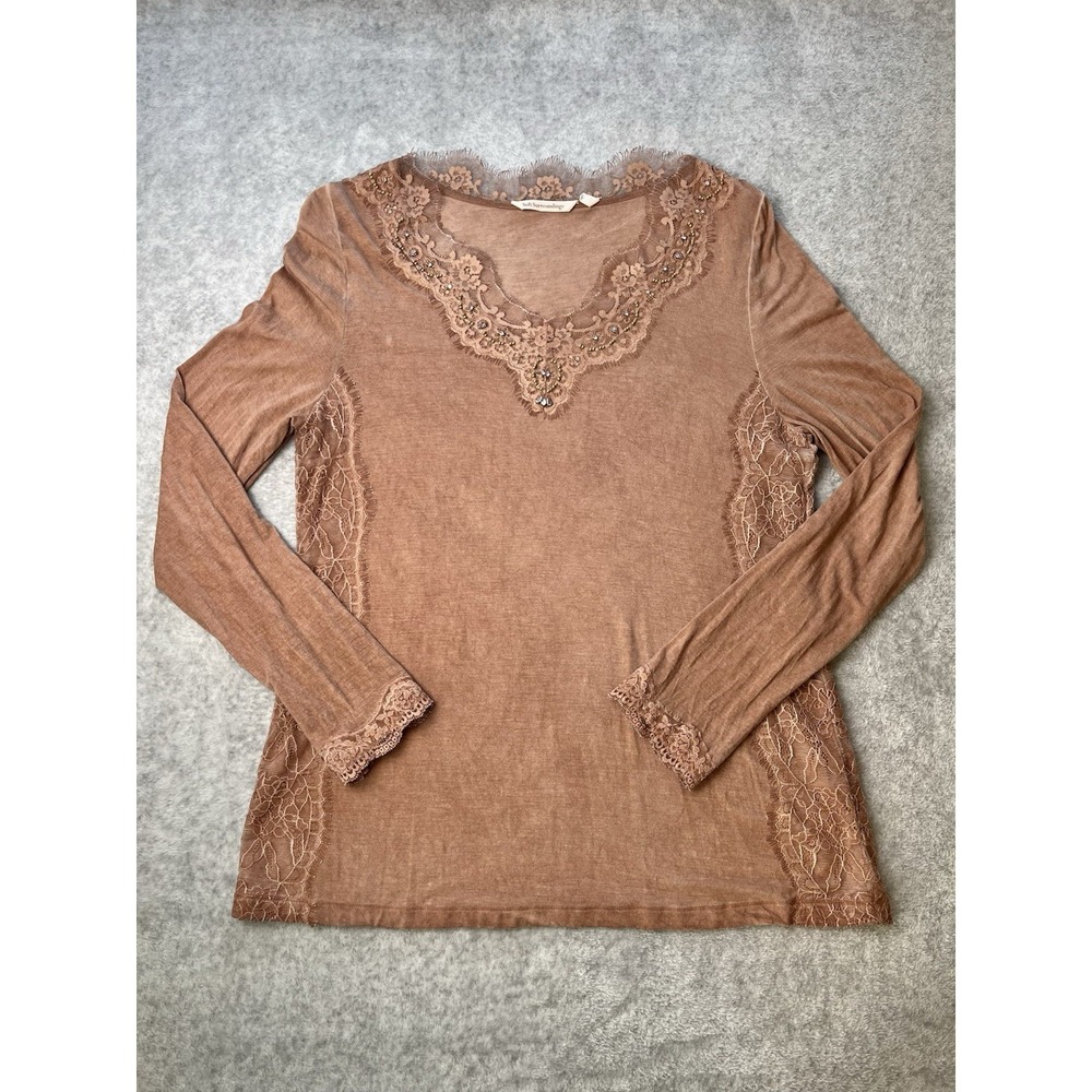 Soft Surroundings Lace Trim Embellished Blouse Long Sleeve L Top‎ Tee Sz Lg